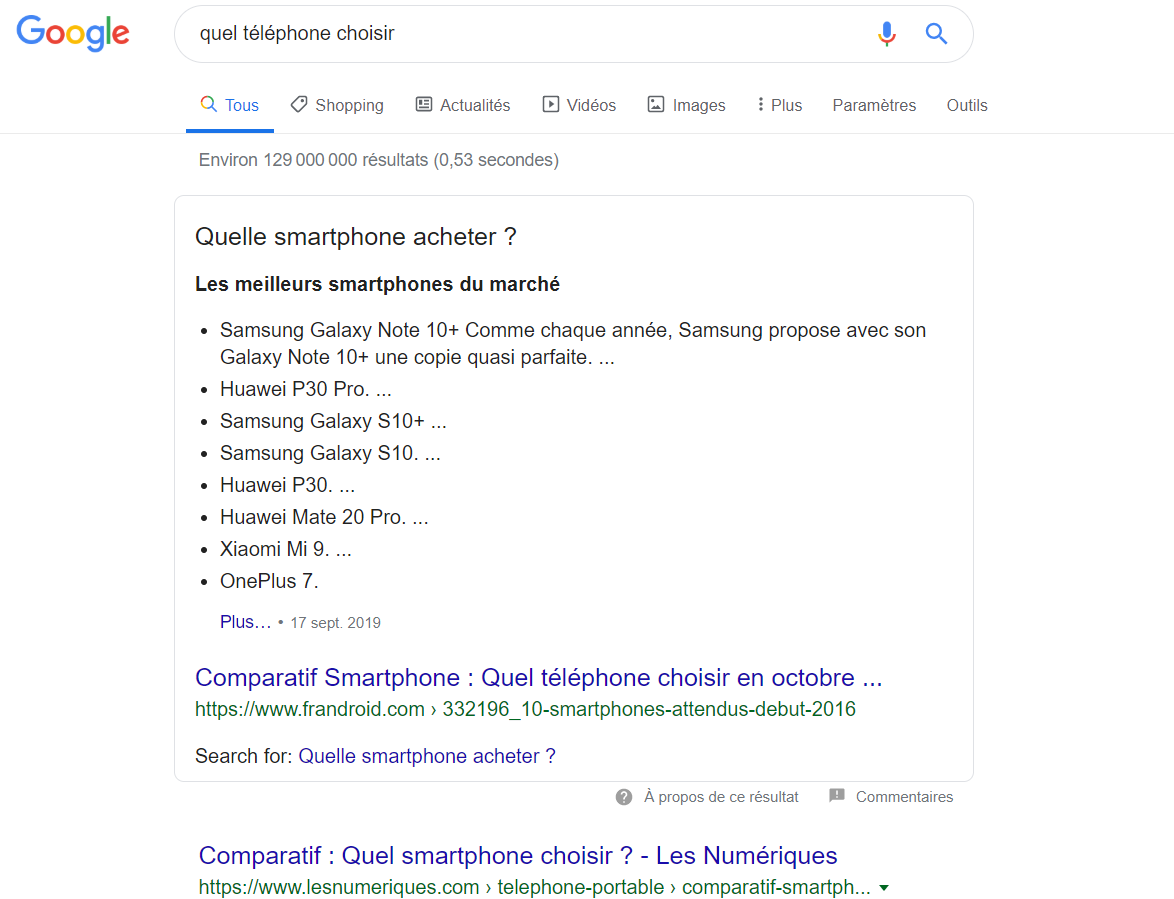 Exemple de position zéro sur Google